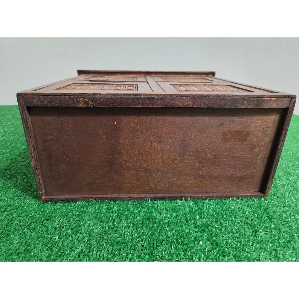 Vintage Wooden Desktop Organizer 4-Drawer Cabinet with Woven Bamboo & Rattan Pa